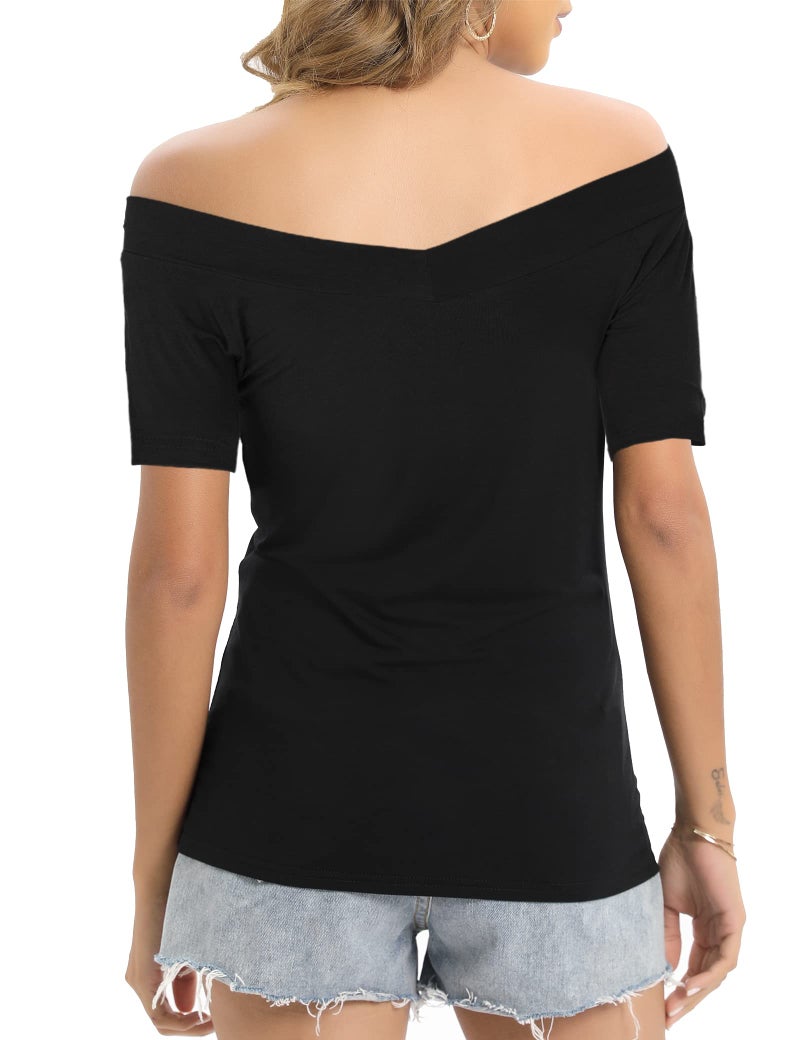 Sarin Mathews Womens Off The Shoulder Short Sleeve Tops Slim Fit Blouse Shirts Black XL - Image 4